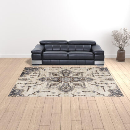 9' x 12' Blue and Ivory Medallion Power Loom Area Rug