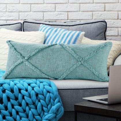 14" X 36" Aqua Blue 100% Cotton Geometric Zippered Pillow