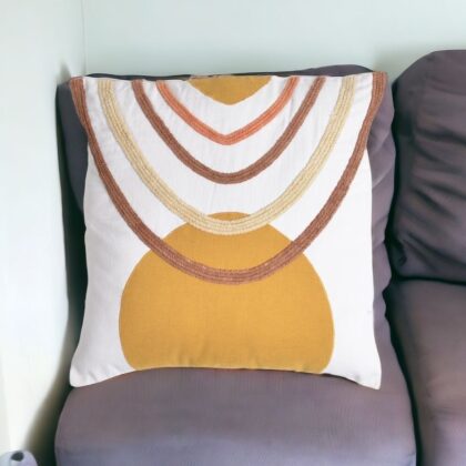 18" X 18" White and Gold Boho Cotton Pillow Cover With Embroidery