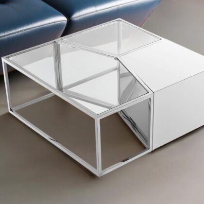 Set of Three 37" Clear And Silver Glass  Stainless Steel Square Mirrored Bunching Coffee Tables