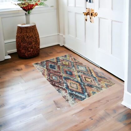 2' x 3' Blue Geometric Distressed Area Rug With Fringe