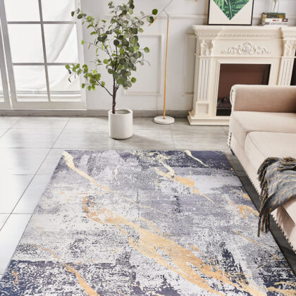 8' x 11' Blue and Yellow Abstract Shag Printed Washable Non Skid Area Rug