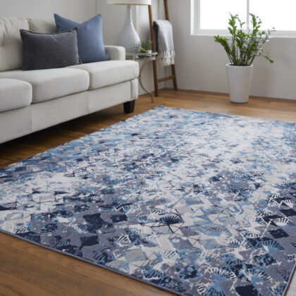 2' x 3' Blue and Ivory Abstract Power Loom Distressed Area Rug