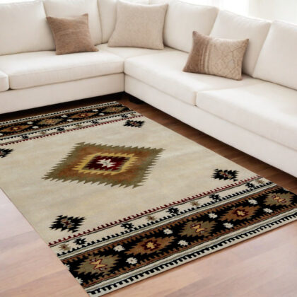 5' x 8' Ivory and Black Southwestern Hand Tufted Non Skid Area Rug