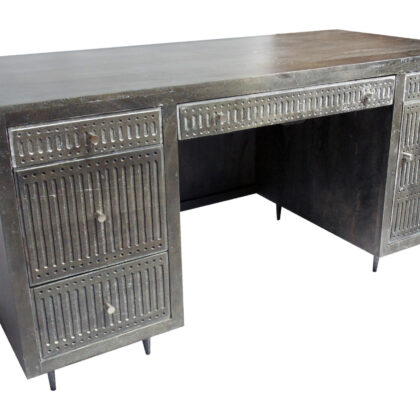 64" Brown and Silver Solid Wood Executive Desk With Five Drawers