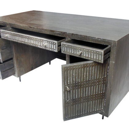 64" Brown and Silver Solid Wood Executive Desk With Five Drawers