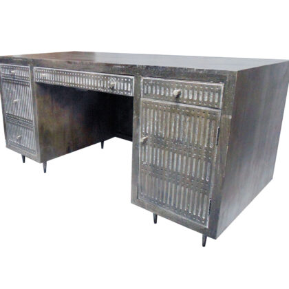 64" Brown and Silver Solid Wood Executive Desk With Five Drawers