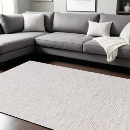9' x 12' Beige and Ivory Wool Striped Hand Tufted Area Rug