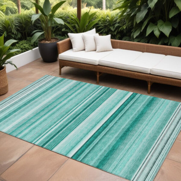 10' X 14' Aqua Striped Washable Indoor Outdoor Area Rug