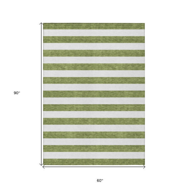 5' X 8' Olive Green Striped Washable Non Skid Indoor Outdoor Area Rug
