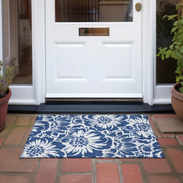 2' X 3' Navy and Ivory Floral Washable Non Skid Indoor Outdoor Area Rug