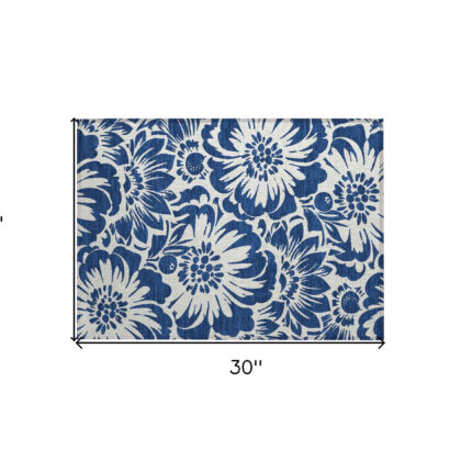 2' X 3' Navy and Ivory Floral Washable Non Skid Indoor Outdoor Area Rug