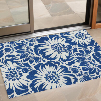 2' X 3' Navy and Ivory Floral Washable Non Skid Indoor Outdoor Area Rug