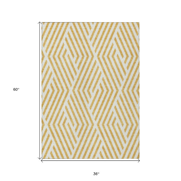 3' X 5' Gold and White Geometric Washable Non Skid Indoor Outdoor Area Rug