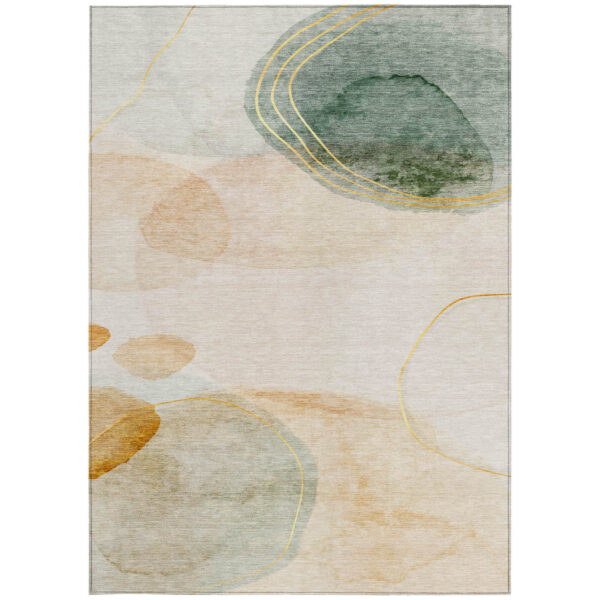 3' X 5' Beige and Green Abstract Washable Non Skid Indoor Outdoor Area Rug