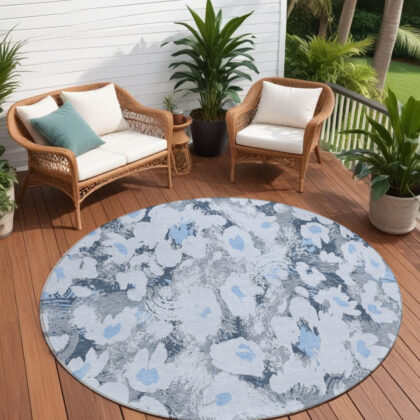 8' Round Denim Blue Round Floral Washable Non Skid Indoor Outdoor Area Rug