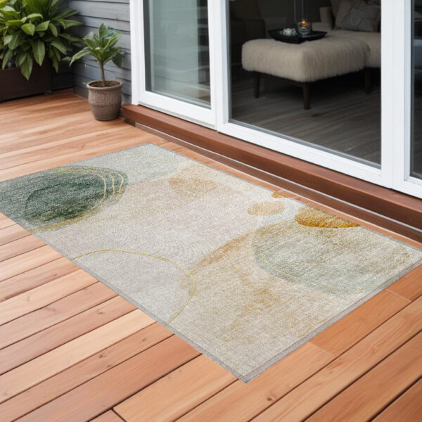 3' X 5' Beige and Green Abstract Washable Non Skid Indoor Outdoor Area Rug