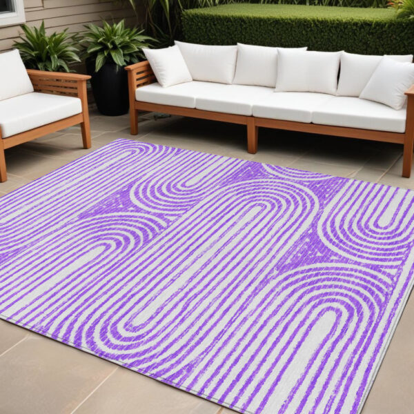 8' X 10' Purple and White Abstract Washable Non Skid Indoor Outdoor Area Rug