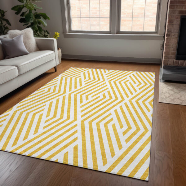 5' X 8' Gold and White Geometric Washable Non Skid Indoor Outdoor Area Rug