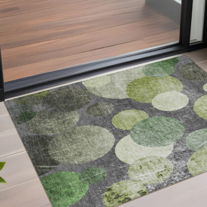 3' X 5' Green and Gray Abstract Washable Non Skid Indoor Outdoor Area Rug