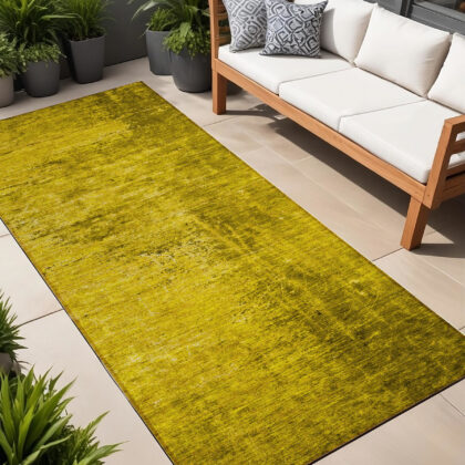 8' Runner Gold Abstract Washable Non Skid Indoor Outdoor Runner Rug