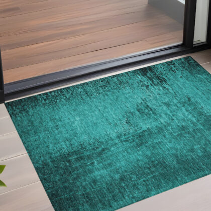 2' X 3' Teal Abstract Washable Non Skid Indoor Outdoor Area Rug