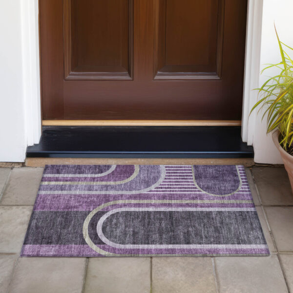 2' X 3' Purple and Black Abstract Washable Indoor Outdoor Area Rug