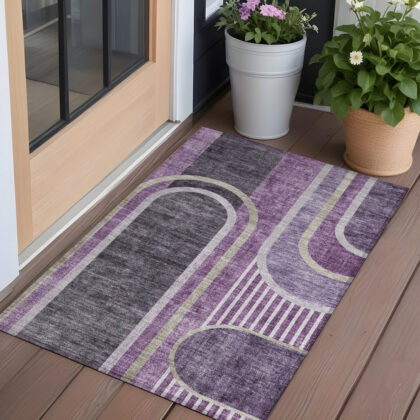 2' X 3' Purple and Black Abstract Washable Indoor Outdoor Area Rug