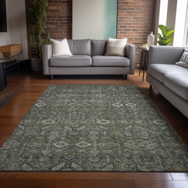 9' X 12' Moss Green and Gray Floral Washable Non Skid Indoor Outdoor Area Rug