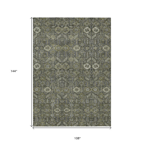 9' X 12' Moss Green and Gray Floral Washable Non Skid Indoor Outdoor Area Rug