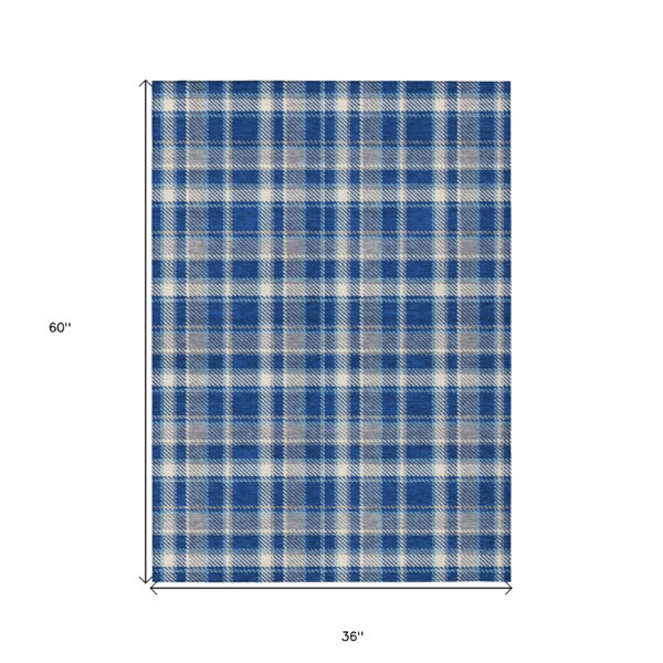 3' X 5' Navy and Ivory Plaid Washable Non Skid Indoor Outdoor Area Rug