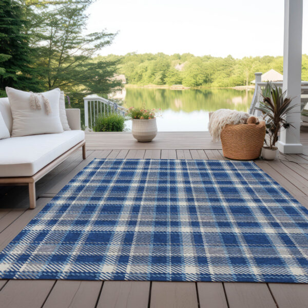 3' X 5' Navy and Ivory Plaid Washable Non Skid Indoor Outdoor Area Rug