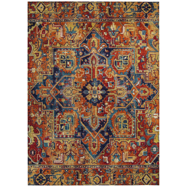 5' X 8' Red Orange and Blue Oriental Washable Non Skid Indoor Outdoor Area Rug