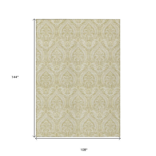 9' X 12' Light Green Damask Washable Non Skid Indoor Outdoor Area Rug