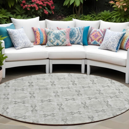 8' Round Ivory and Gray Round Floral Medallion Washable Non Skid Indoor Outdoor Area Rug