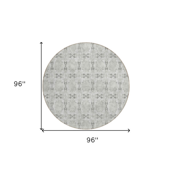 8' Round Ivory and Gray Round Floral Medallion Washable Non Skid Indoor Outdoor Area Rug