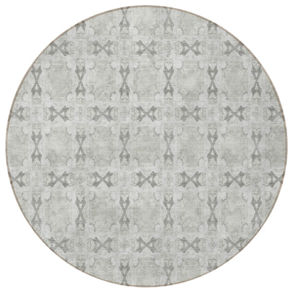 8' Round Ivory and Gray Round Floral Medallion Washable Non Skid Indoor Outdoor Area Rug