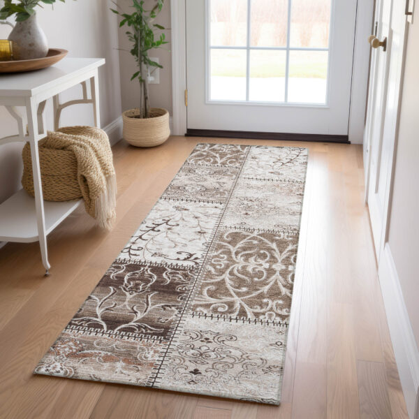 8' Runner Taupe and Ivory Patchwork Washable Non Skid Indoor Outdoor Runner Rug