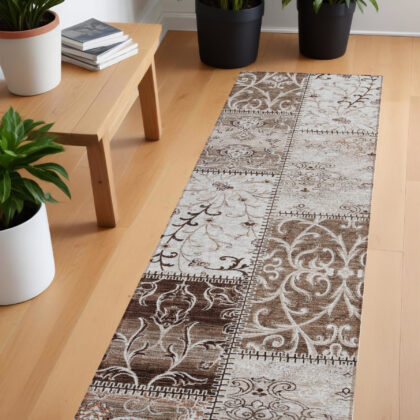 8' Runner Taupe and Ivory Patchwork Washable Non Skid Indoor Outdoor Runner Rug