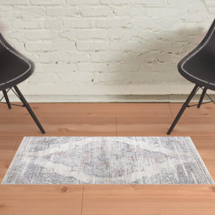 2' X 3' Ivory Gray And Pink Abstract Distressed Area Rug With Fringe