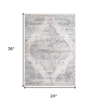 2' X 3' Ivory Gray And Pink Abstract Distressed Area Rug With Fringe