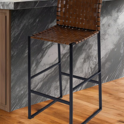 28" Brown and Black Leather and Iron Bar Chair