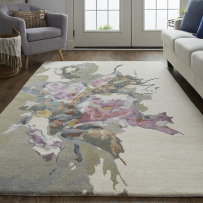 8' X 10' Purple Pink And Green Wool Floral Tufted Handmade Area Rug