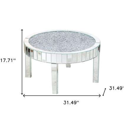 31" Silver Mirrored Glass and Faux Crystal Round Coffee Table