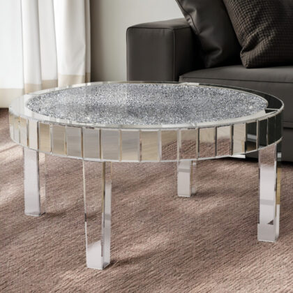31" Silver Mirrored Glass and Faux Crystal Round Coffee Table