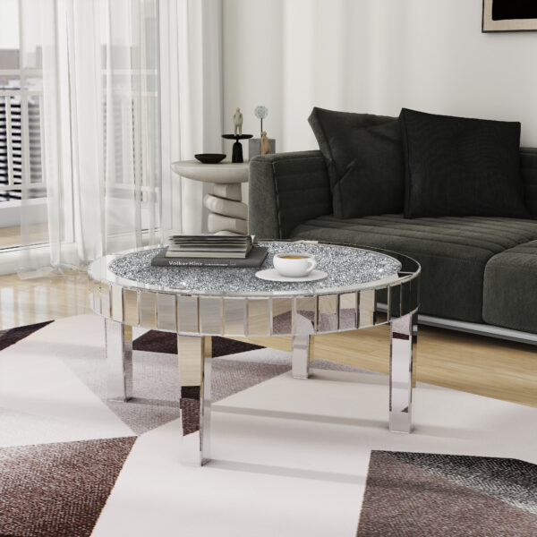 31" Silver Mirrored Glass and Faux Crystal Round Coffee Table