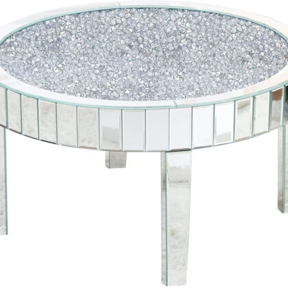 31" Silver Mirrored Glass and Faux Crystal Round Coffee Table
