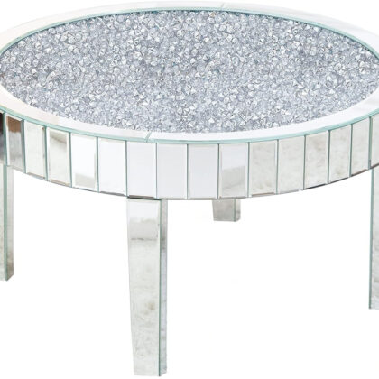 31" Silver Mirrored Glass and Faux Crystal Round Coffee Table