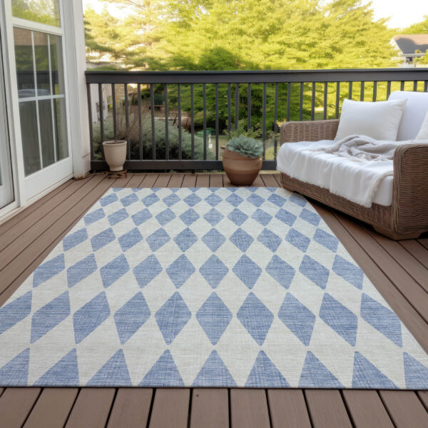 9' X 12' Sky Blue And Ivory Geometric Washable Indoor Outdoor Area Rug