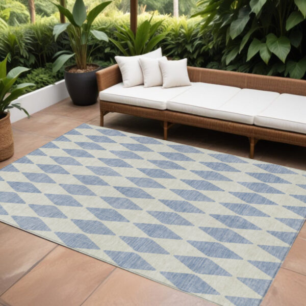 9' X 12' Sky Blue And Ivory Geometric Washable Indoor Outdoor Area Rug